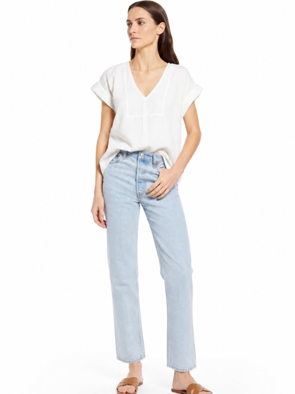 Madewell Texture Cotton Gauze Cottagecore V Neck Blouse Top White M
